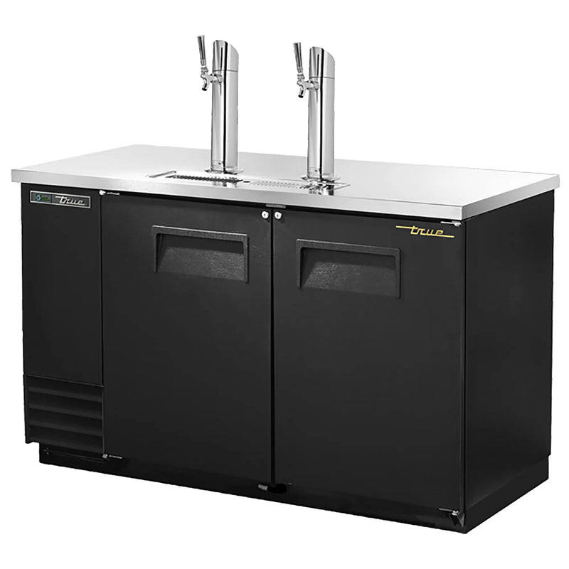 True TDD-2 Series 59-inch double door keg beer dispensing cooler in black with two chrome tap towers