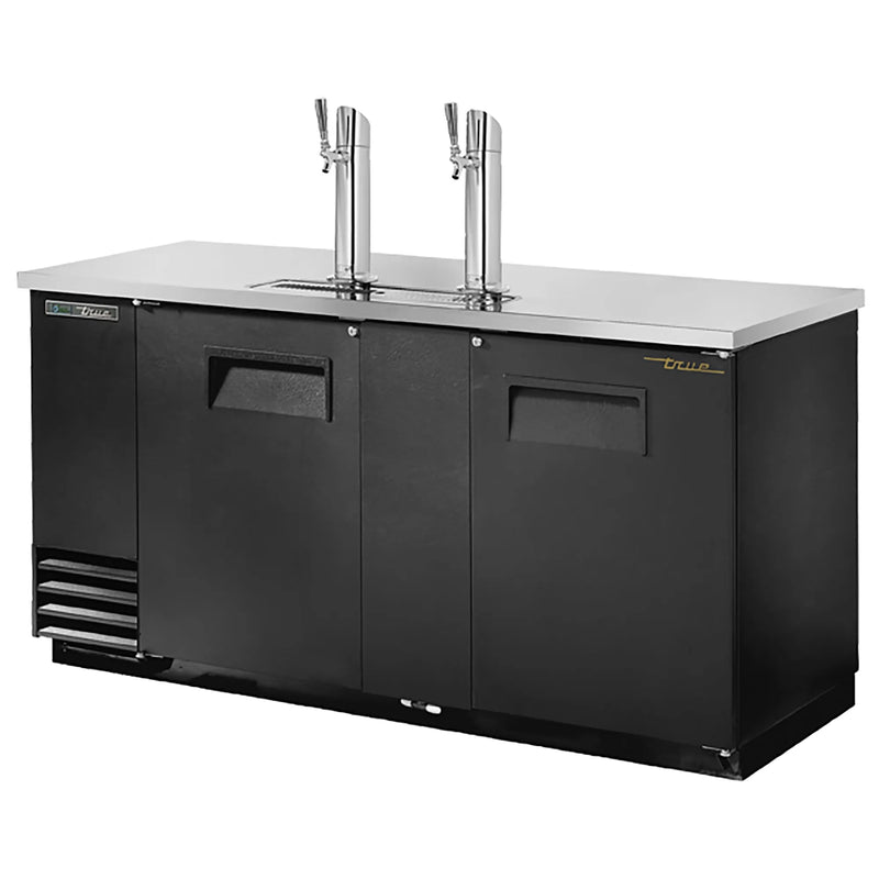 True TDD-3 Series 69-inch double door keg beer dispensing cooler in black with two chrome tap towers