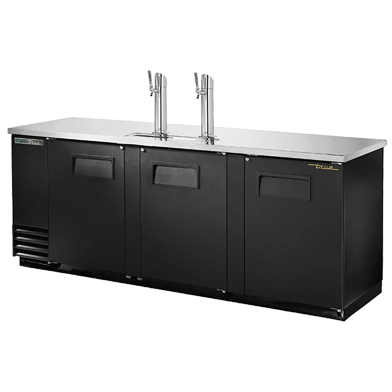 True TDD-4 Series 90-inch triple door keg beer dispensing cooler in black with two chrome tap towers