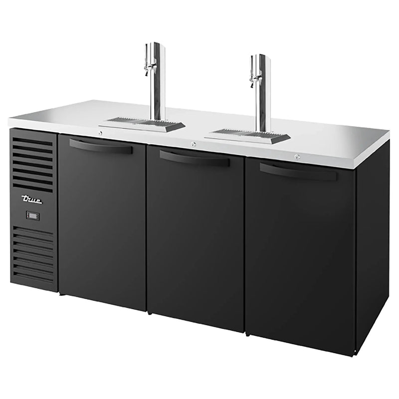 True TDR72-RISZ1-L Series 72-inch triple door keg beer dispensing cooler in black with two tap towers
