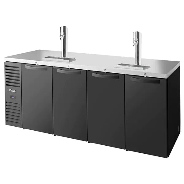 True TDR92-RISZ1-L Series 92-inch four door keg beer dispensing cooler in black with two tap towers