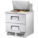 True TFP-32-12M 32" refrigerated food prep table in the two-drawer configuration, stainless steel with lid open