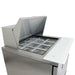 True TFP-32-12M refrigerated food prep table, close-up of the raised lid over the empty food pan rail