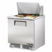 True TFP-32-12M 32" single door stainless steel refrigerated food prep table with lid open over pans of toppings