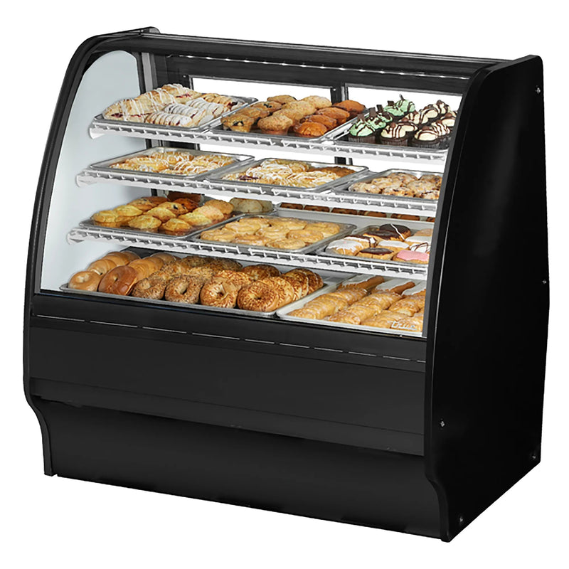 True TGM-DC-48-SC/SC-B-W 48-inch black curved glass dry display case with pastries on wire shelves