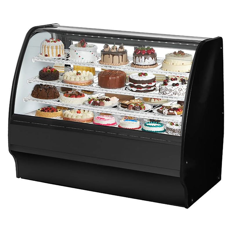 True TGM-R-59-SC/SC-B-W 59-inch black curved glass refrigerated pastry display case filled with cakes