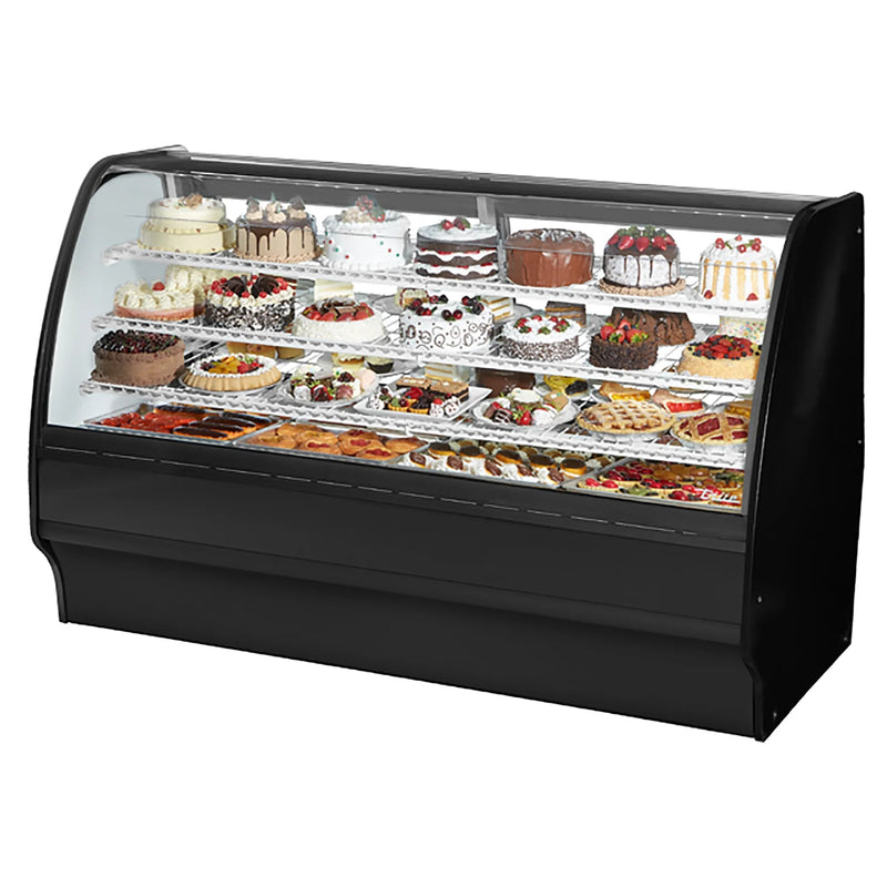 True TGM-R-77-SC/SC-B-W 77-inch black curved glass refrigerated pastry display case filled with desserts