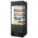 True TOAM-30 30-inch black open air refrigerated merchandiser with glass sides and no sign panel, stocked