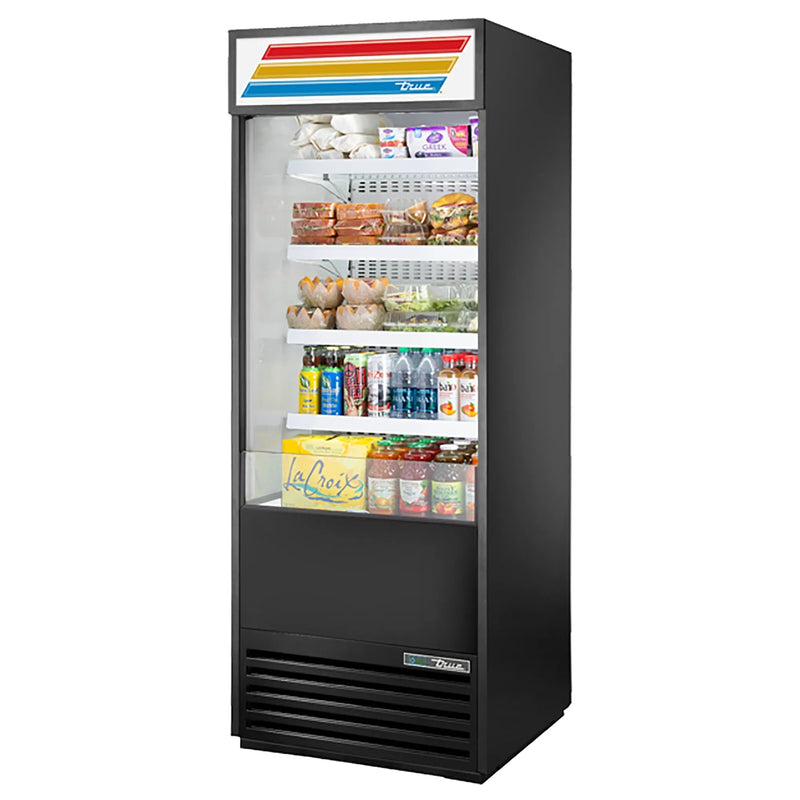 True TOAM-30 30-inch black open air refrigerated merchandiser with lighted sign and solid sides, stocked