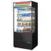 True TOAM-36 36-inch black open air refrigerated merchandiser with lighted sign and glass sides, stocked
