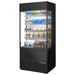 True TOAM-36 36-inch black open air refrigerated merchandiser with glass sides and no sign panel, stocked