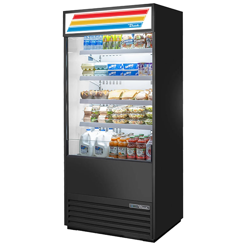 True TOAM-36 36-inch black open air refrigerated merchandiser with lighted sign and solid sides, stocked