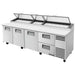 True TPP-AT-119-HC 119" pizza prep table in the three-door and two-drawer configuration, stainless steel