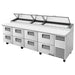 True TPP-AT-119-HC 119" pizza prep table in the eight-drawer configuration, stainless steel with lids raised