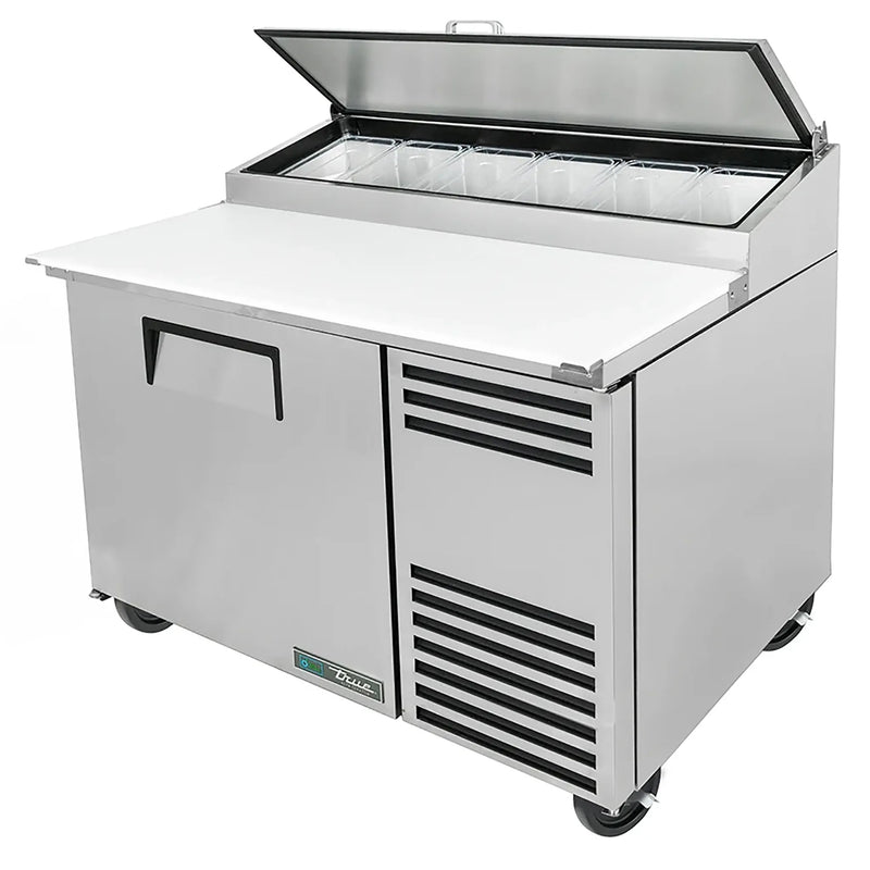 True TPP-AT-44-HC 44" single door stainless steel pizza prep table with white cutting board and lid raised