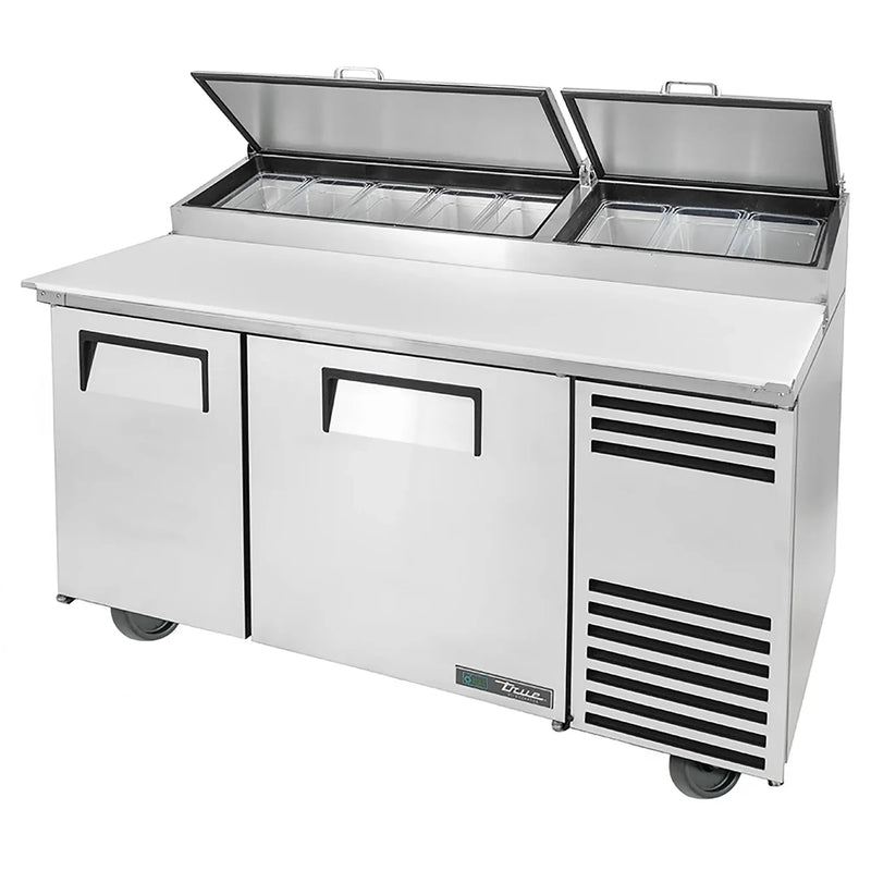 True TPP-AT-60-HC 60" two door stainless steel pizza prep table with split lids raised and white cutting board