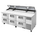 True TPP-AT2-93-HC 93" pizza prep table in the six-drawer configuration, stainless steel with lids raised
