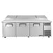 True TPP-AT2-93-HC 93" three door stainless steel pizza prep table with lids closed, straight-on front view