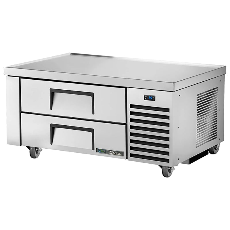 True TRCB-48-HC 48-inch stainless steel refrigerated chef base with two drawers for 4-inch deep pans, angled view