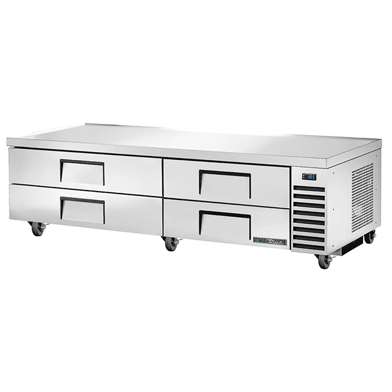 True TRCB-82-HC 82-inch stainless steel refrigerated chef base with four drawers for 4-inch deep pans