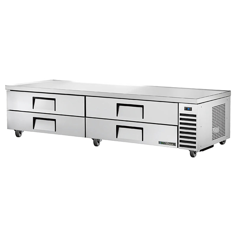 True TRCB-96-HC 96-inch stainless steel refrigerated chef base with four drawers for 4-inch deep pans