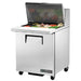 True TSSU-27-12M-C-HC 27" mega top sandwich prep table with lid open over pans of toppings, stainless steel