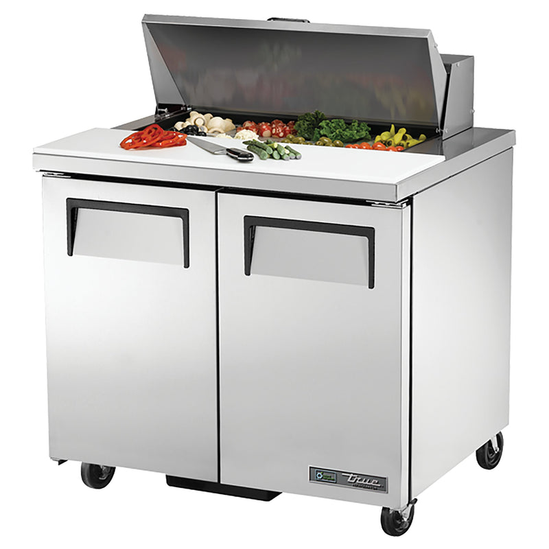 True TSSU-36-08-HC 36" two door stainless steel refrigerated sandwich prep table with lid open over toppings