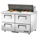 True TSSU-48-12-HC 48" sandwich prep table in the four-drawer configuration, stainless steel with lid open