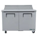True TSSU-48-12-HC 48" two door stainless steel sandwich prep table with lid closed, straight-on front view
