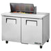 True TSSU-48-12-HC 48" two door stainless steel sandwich prep table with lid open, straight-on front view