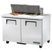 True TSSU-48-12-HC 48" two door stainless steel sandwich prep table with lid open over toppings, angled left view