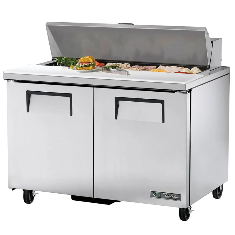 True TSSU-48-12-HC 48" two door stainless steel refrigerated sandwich prep table with lid open over food pans