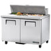 True TSSU-48-12-HC 48" two door stainless steel refrigerated sandwich prep table with lid open over food pans