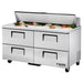 True TSSU-60-16-HC 60" sandwich prep table in the four-drawer configuration, stainless steel with lid open