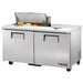 True TSSU-60-16-HC 60" two door stainless steel sandwich prep table with lid open over toppings, angled left view