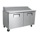 True TSSU-60-16-HC 60" two door stainless steel sandwich prep table with lid closed, angled front view