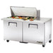 True TSSU-60-24M-B-ST-HC 60" two door stainless steel mega top sandwich prep table with lid open, angled right view