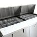 True TSSU-60-24M-B-ST-HC mega top prep table, close-up of the open split lids and rows of clear food pans