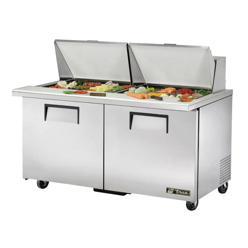 True TSSU-60-24M-B-ST-HC 60" mega top sandwich prep table with both split lids open over toppings, front view