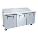 True TSSU-72-18-HC 72" three door stainless steel sandwich prep table with lid closed, angled front view
