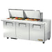 True TSSU-72-30M-B-ST-HC 72" three door mega top sandwich prep table with split lids open, angled right view