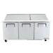 True TSSU-72-30M-B-ST-HC 72" three door stainless steel mega top sandwich prep table with split lids closed
