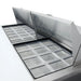 True TSSU-72-30M-B-ST-HC mega top prep table, close-up of the open split lids and rows of clear food pans