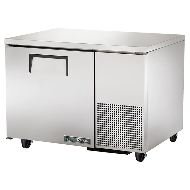 True TUC-44F-HC 44-inch single door stainless steel side mounted freezer work table, angled front view
