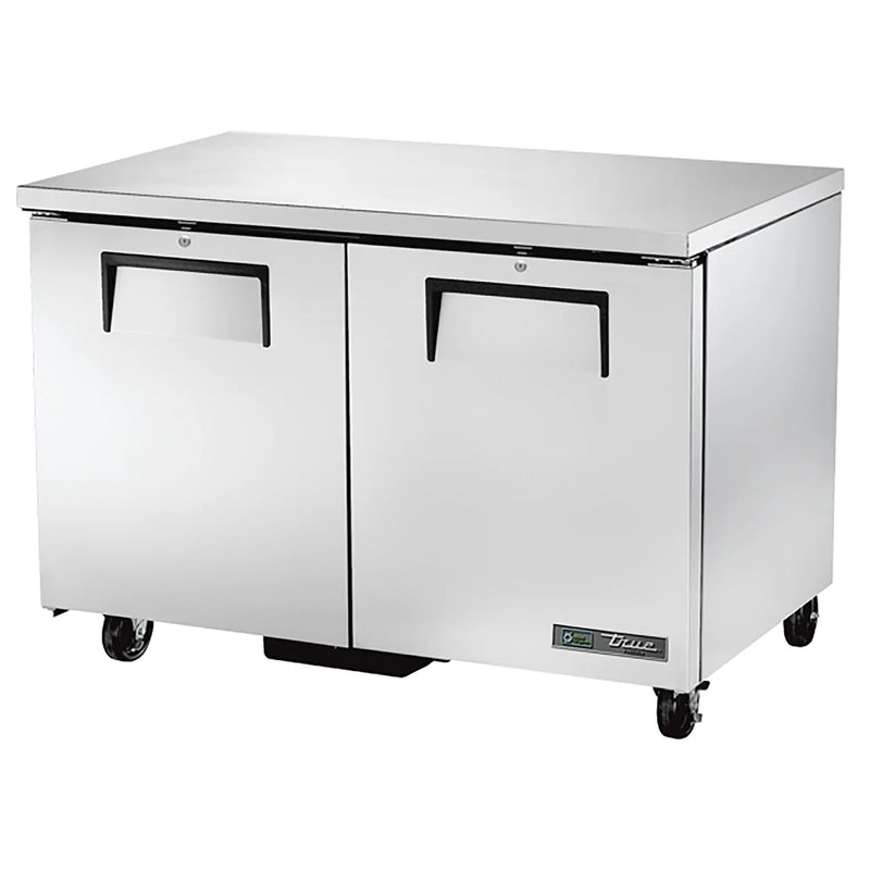 True TUC-48F-HC 48-inch double door stainless steel under counter freezer on casters, angled front view