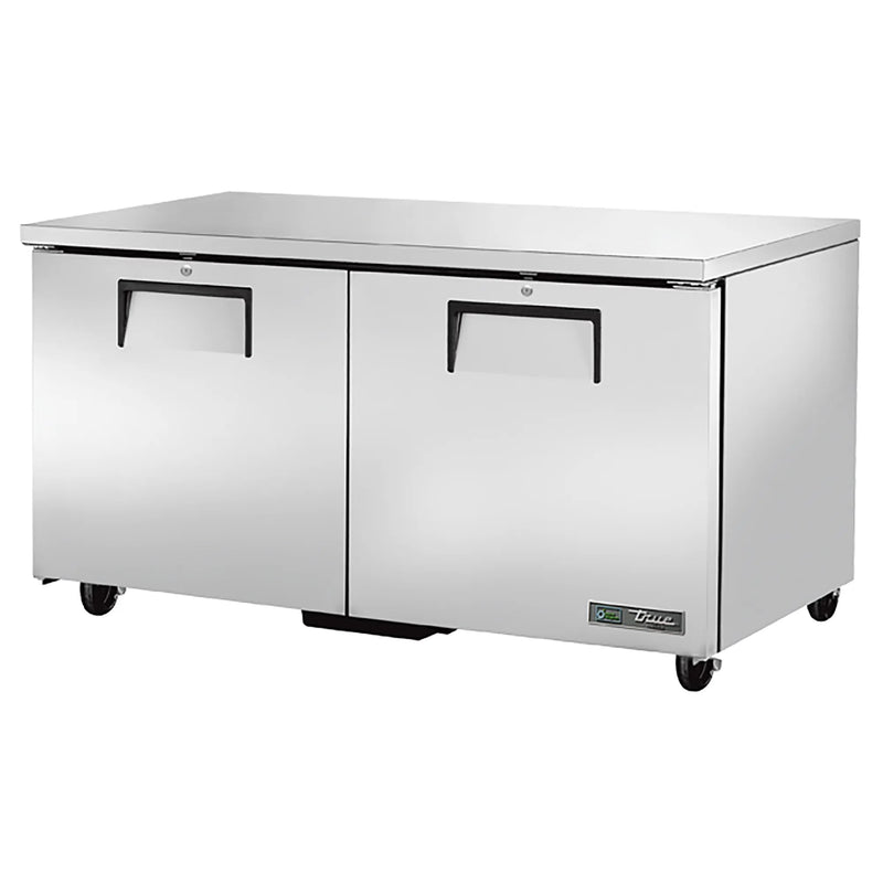 True TUC-60F-HC 60-inch double door stainless steel under counter freezer on casters, angled front view