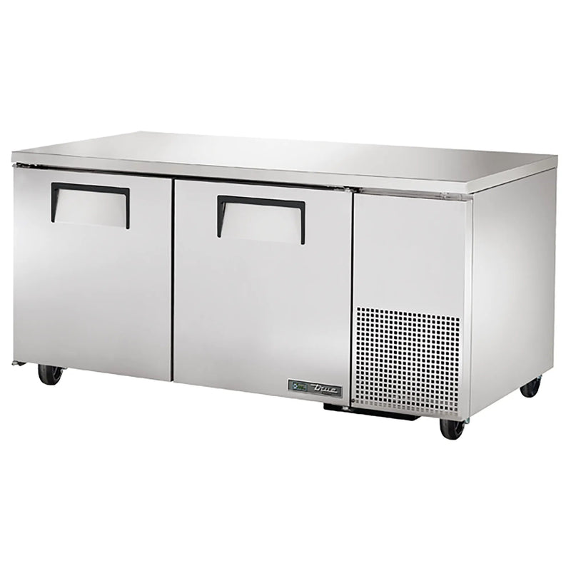 True TUC-67F-HC 67-inch double door stainless steel side mounted freezer work table, angled front view