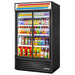 True TVM-48-HC~VM01 48-inch black double glass door visual display refrigerator stocked with bottled drinks