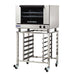 TurboFan E27 series electric convection oven, smaller size mounted on a stainless steel stand with pan runners