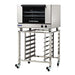 TurboFan E27 series electric convection oven, larger size mounted on a stainless steel stand with pan runners